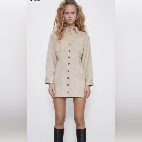 NWOT | Zara Faux Suede Button Up Mini Dress - Tan - Medium - Picture 1 of 10